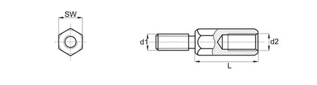 Brass spacer bushing d1=d2-M2.5 L-12mm SW-5