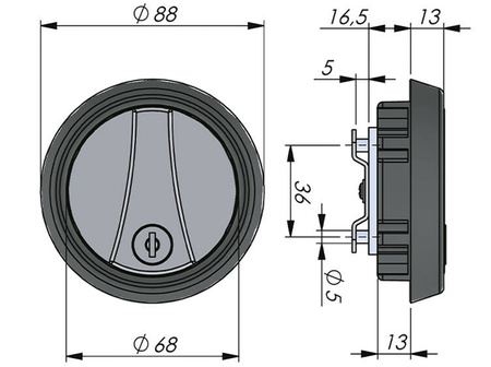Einlassschloss mit Vierteldrehung, rund, zweipunkt, verschiedene Schlüssel.