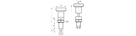 Trzpień ustalający z blokadą D-21mm d1-M10 x 1,0mm SW-12 d-5mm, INOX