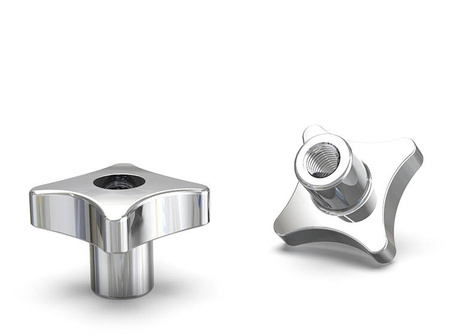 Aluminum cross knob similar to DIN 6335 with through threaded bushing D-63mm, H-40mm