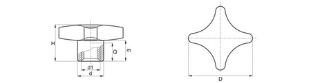 Křížová otočná knoflík z duroplastu s závitovou vložkou D-50mm M8, DIN 6335