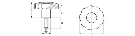 Hvězdicový knoflík se šroubem zapuštěným v plastu D-30mm M6 x 53mm, robustní verze