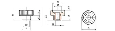 Knurled knob with through threaded bushing D-15mm M4