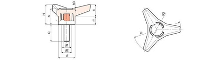 Three-arm knob with threaded pin D-105mm M12 x 30mm