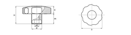 Star knob with nut embedded in plastic D-50mm M6, heavy-duty version