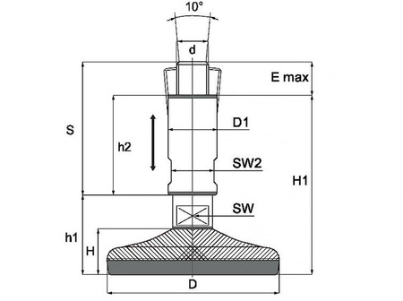 Adjustable foot, hygienic, anti-slip, D-100mm, M20 x 150mm