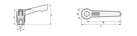 Dźwignia nastawna z tuleją gwintowaną i przyciskiem R-80mm M10,slim design, RAL9005 (czarny głęboki), INOX