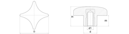 Cross knob made of duroplast, according to DIN 6335, with a threaded bushing D-32mm M6