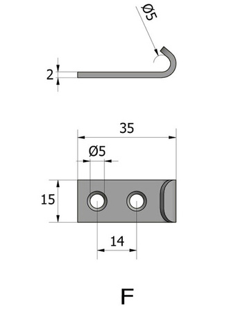 Hook without holes, 36x16, Type F, raw steel