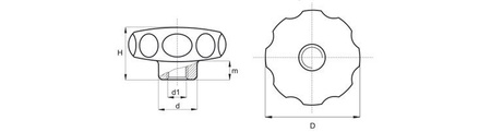 Stainless steel star knob with through-threaded bushing D-40; H-30.5; M8