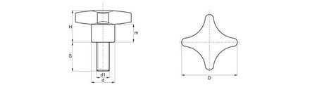 Křížová knoflíková rukojeť z duroplastu s závitovým hřídelem D-63mm M8 x 60mm, DIN 6335