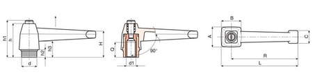 Adjustable lever ANGLE-90° with threaded bushing R- 85mm M12