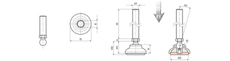 Non-slip swivel foot, R15 D-60mm M12