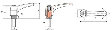 Nastavitelná páka EUROMODEL s závitovým čepem a tlačítkem R-43mm M5 x 16mm