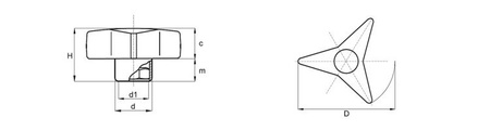 Tříramenný knoflík s matkou zapuštěnou v plastu D-63mm M12, průchozí