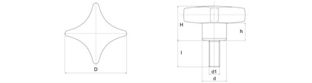 Cross handle according to DIN 6335, with threaded pin D-40mm M8