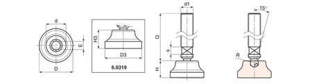 Schwenkbarer, rutschfester Fuß mit Schlüsselnut D-26mm M12.