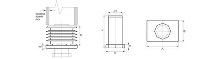 Adjustable foot for rectangular profiles A-28mm B-20mm d1-M12 L-32mm, 1.5mm-2.0mm