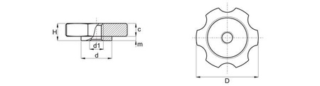 Flat star knob with through-threaded bushing D-40mm M12