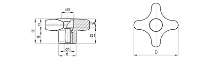 Cross knob with through threaded bushing INOX D-32mm M8