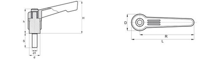 Adjustable lever made of chrome-plated zinc alloy with a stainless steel threaded pin and metal button L-123; d1-12; S-60.