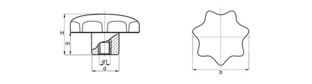 Pokrętło gwiazdowe z tuleją gwintowaną D-25mm, H-16mm, M4, DIN6336
