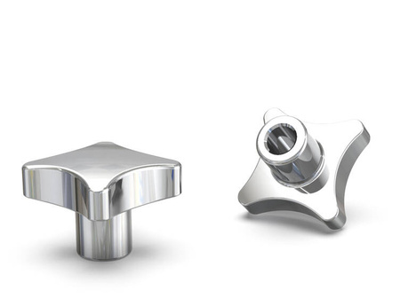 Aluminum cross knob similar to DIN 6335 with a blind smooth bushing D-40mm, H-25mm.