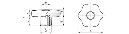 Hvězdicové tlačítko s průchozí závitovou vložkou D-40mm M10