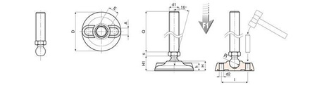 Adjustable foot with mounting holes D-105mm M14 x 50mm R-15mm