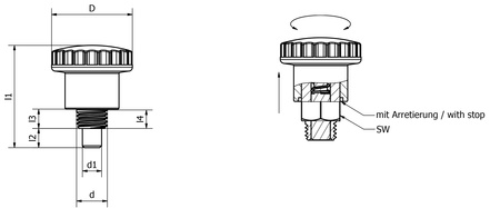 MINI positioning pin D-21mm d2-M8x0.75mm d1-5mm SW-10 with stainless steel pin and lock