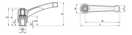 Adjustable lever made of zinc alloy with a threaded bushing R-65mm M6, RAL9005 glossy (deep black), INOX