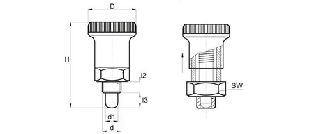 Stellstift D-25mm d2-M12x1,5mm SW-17 d1-6mm mit Verriegelung, INOX