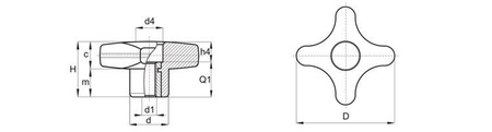 Křížový knoflík s průchozí závitovou pouzdrou D-50mm M12