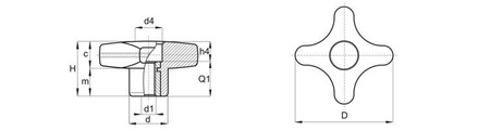 Cross knob with through-threaded bushing D-40mm M10