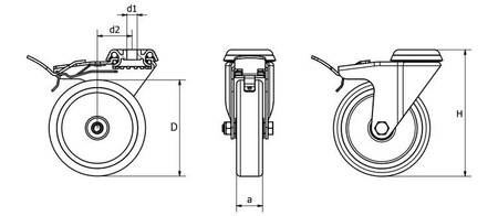 Schwenkbares Radset mit Bremse, Montageöffnung, Gleitlager, Rad TPA D-100mm a-27mm.