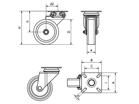 Drehbares Radset, Befestigungsplatte, Gleitlager, Rad TPA D-125mm a-27mm.
