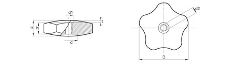 Flat star knob made of duroplast, with a threaded through bushing, D-70mm, H-22mm, M8