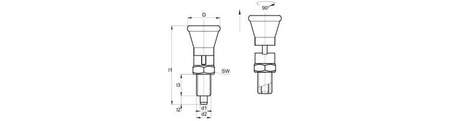 Feststellstift mit Verriegelung, mit Feingewinde, aus verzinktem Stahl D-27,5; d1-6; SW-14.