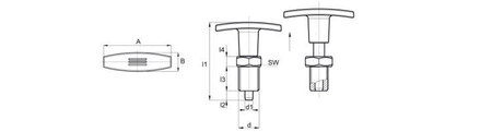 Locking pin without lock, with "T" handle, fine thread, made of blackened steel d-16.