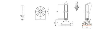 Adjustable foot D-40mm M10 x 100mm R-12.5mm, anti-slip