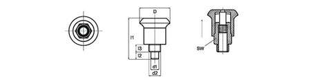 MINI locating pin without lock D-21mm d2-M8x0.75mm d1-4mm SW-10