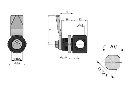 Quarter-turn shaped lock, with a padlock eye, groove, 10/45