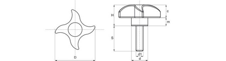 Cross knob with built-in screw D-46.5mm M6 x 23mm