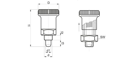 Feststellstift D-25mm d2-M12x1,5mm SW-17 d1-6mm mit Edelstahlstift und Verriegelung.