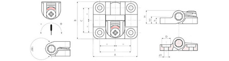 Scharnier mit einstellbarer Öffnungskraft A-45mm B-38mm I-32mm C-25,5mm d1-4,5mm