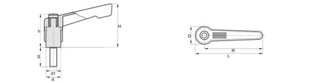 Nastavitelná páka ze zinkové slitiny s drážkovaným hřídelem R-65mm M6 x 30mm, štíhlý design