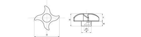 Křížový otočný knoflík s vestavěnou maticí D-46,5mm M8