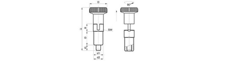 Trzpień ustalający D-16mm d2-M8x1,25mm SW-8 d1-5mm z blokadą, INOX