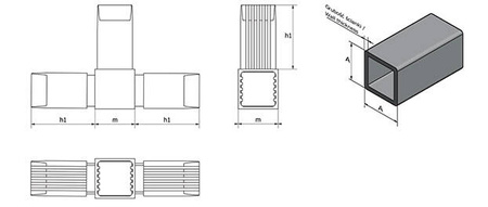 2D-Verbindungsstück für 3 quadratische Profile (T-Typ) A-20mm B-20mm, 1,5mm, schwarz