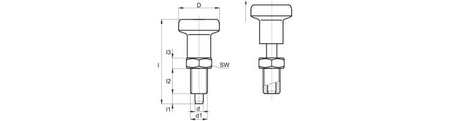 Feststellbolzen ohne Verriegelung D-31mm d1-M16x1,5mm SW-19 d-8mm, INOX